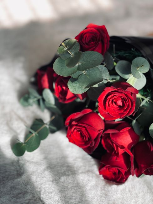 A bouquet of fresh red roses with tightly layered petals, complemented by green eucalyptus leaves with round, matte-surfaced foliage, arranged in a compact, clustered style. The bouquet is resting on 