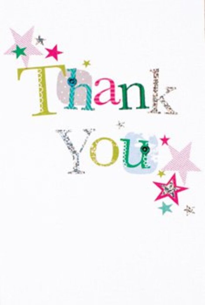 Receiving this thank you card in the heart of Muswell Hill feels like being handed a small keepsake of joy. The arrangement of the letters across the centre is both graceful and exuberant-each character a distinct expression, from whimsical dots and playful curves to silvery lines that twinkle in the light, recalling the dynamic energy of local markets on a sunny Saturday. Star motifs burst warmly around the message in radiant pinks, deep turquoise, and shimmering silver, their placement suggestive of wishes and blessings sprinkled over words of appreciation. The composition is airy and modern, leaving generous white space that allows the vivid hues and textures to capture attention, much like a well-balanced bouquet tailored by Muswell Hill's skilled florists. The whole design exudes an understated sophistication-neither overly formal nor too casual-making it fitting for any occasion, whether it's a neighbourly thank you after an afternoon at Highgate Wood or a thoughtful gesture for a friend. Flowers Muswell Hill knows how such a card, especially when paired with fresh, local blooms, can transform simple gratitude into an unforgettable, uplifting moment.