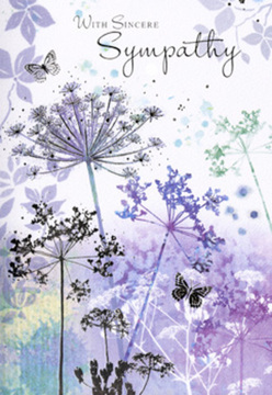 This sympathy card opens to reveal a serene study in nature and light, echoing the peaceful corners of Muswell Hill's tree-lined streets. Across the centre, tall, slender wildflowers with umbelliferous heads stretch gracefully upwards, drawn as delicate silhouettes in shades of misty violet, dusky purple, and silvery sage. Their stems cross and diverge with an easy rhythm, like wildflowers catching a gentle breeze on the slopes near Alexandra Palace. Each tiny floret is hinted at rather than fully defined, so that the flower heads seem almost weightless, their tips fading softly into the surrounding air. Behind them, a wash of cool, blended watercolours moves from pale lavender to grey-green and soft blue, creating a dreamy, slightly hazy backdrop reminiscent of a distant meadow seen through morning mist. Among these tender forms, a few ethereal butterflies drift, wings tinted with translucent lilac and blue, barely outlined as if caught mid-flight. They bring a subtle message of hope and continuity, a suggestion that something gentle remains even after great loss. The overall composition is balanced but not rigid; stems lean, flowers tilt, and the spaces in between feel as important as the blooms themselves. As a florist working daily with families in Muswell Hill, I see how this understated, nature-inspired design echoes the quiet strength people show in times of mourning. It does not crowd the eye or overwhelm the heart; instead it offers a soft, meditative pause, the kind of image that pairs beautifully with a simple condolence arrangement hand-delivered to a home near Fortis Green or Colney Hatch Lane.