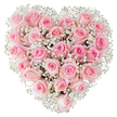 A lush, heart-shaped arrangement fills the frame with dozens of soft pink roses, each petal catching the light like powdered silk against a spotless white background. The roses range from the palest blush at their outer edges to slightly deeper rosy centres, a gentle gradation that gives the heart a living, warm depth. Interwoven through the roses are countless tiny white sprays of gypsophila-baby's breath-whose cloud-like clusters sit like delicate lace, softening the composition and defining the heart's edges with a feathered, luminous frame. The roses sit closely packed, their velvety petals touching and creating a smooth, tactile surface that suggests a careful hand and an intimate feeling of care. Bright, even lighting emphasizes the freshness of the blooms and the subtle veining on each petal while a shallow shadow beneath the heart offers a quiet sense of lift from the white backdrop. This bouquet reads as an expression of tender devotion: romantic and serene yet richly textured, suitable for anniversaries, proposals, or a refined Valentine's gift. Visually, the arrangement balances precision and softness-the symmetrical heart formed by meticulous placement, the airy gypsophila easing any strict symmetry into something more dreamy. As a local florist would say, it carries the hush of a small, private celebration and the clarity of a well-crafted token: a floral emblem that speaks of love, comfort, and careful attention to detail in every petal and spray.