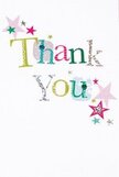 This thank you card, crafted and pictured as if ready for a doorstep in leafy Muswell Hill, exudes gentle joy and warmth. The phrase 'Thank You' dances across its crisp white face, each letter a celebration in itself-sunlit yellow mingling with sparkling silver, lively green, and cheerful blue. Some letters are patterned with soft dots or embroidered-esque stitches, recalling the meticulous, caring touch a Muswell Hill florist brings to every arrangement. Sprinkled around the message, star shapes in shades of pink, teal, and silver float like confetti after an impromptu celebration in Ally Pally. Every detail feels light and uplifting, yet the purity of the white background imparts a sense of calm and optimism. The composition never feels crowded, just as a thoughtfully designed bouquet leaves each blossom room to shine. Imagining this card arriving with a fragrant selection from nearby flower stalls, there's a sense of true, heartfelt appreciation-whimsical, sincere, and sure to bring a smile to anyone celebrated within our local community.